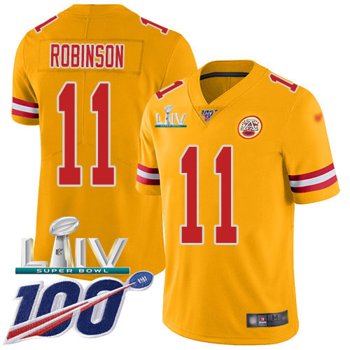 Nike Chiefs #11 Demarcus Robinson Gold Super Bowl LIV 2020 Youth Stitched NFL Limited Inverted Legend 100th Season Jersey